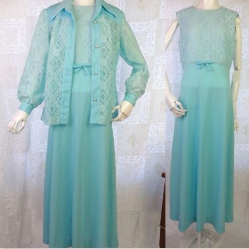 Vintage Aqua Maxi Dress Hostess Gown & Jacket M L